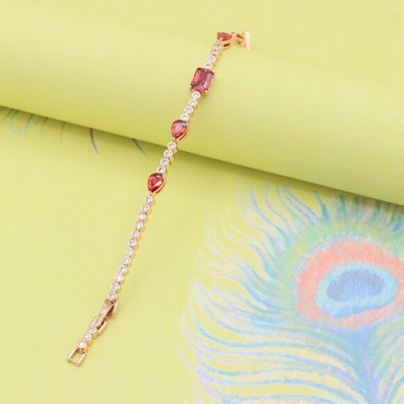 "Rose Gold Bracelet with Red Gem Accents and Round White Stones, XPBL0845 - Picture 9 of 13